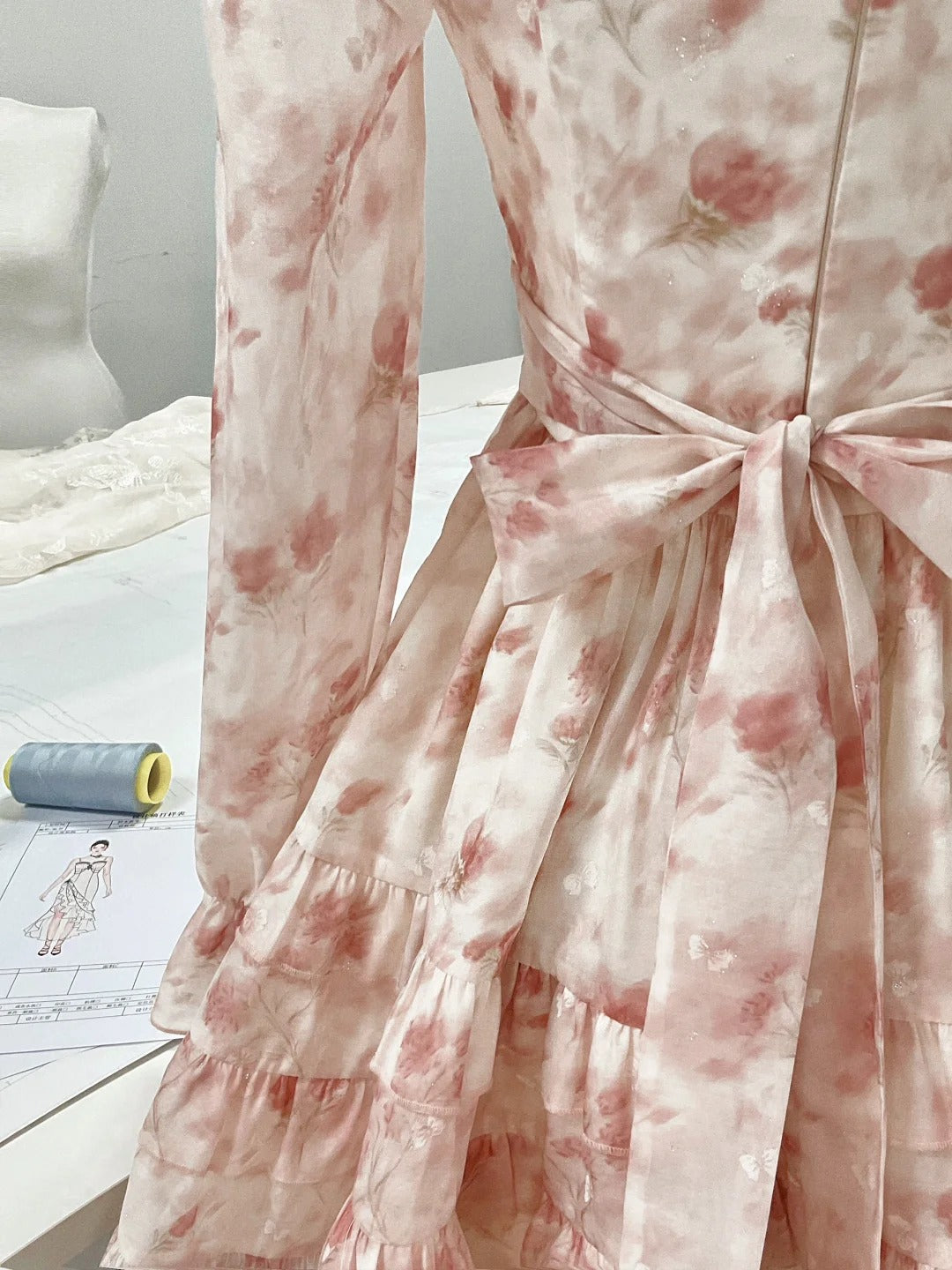 Girls Pink Square Neck Long Sleeve Printed Chiffon A-Line Homecoming Dress P3158