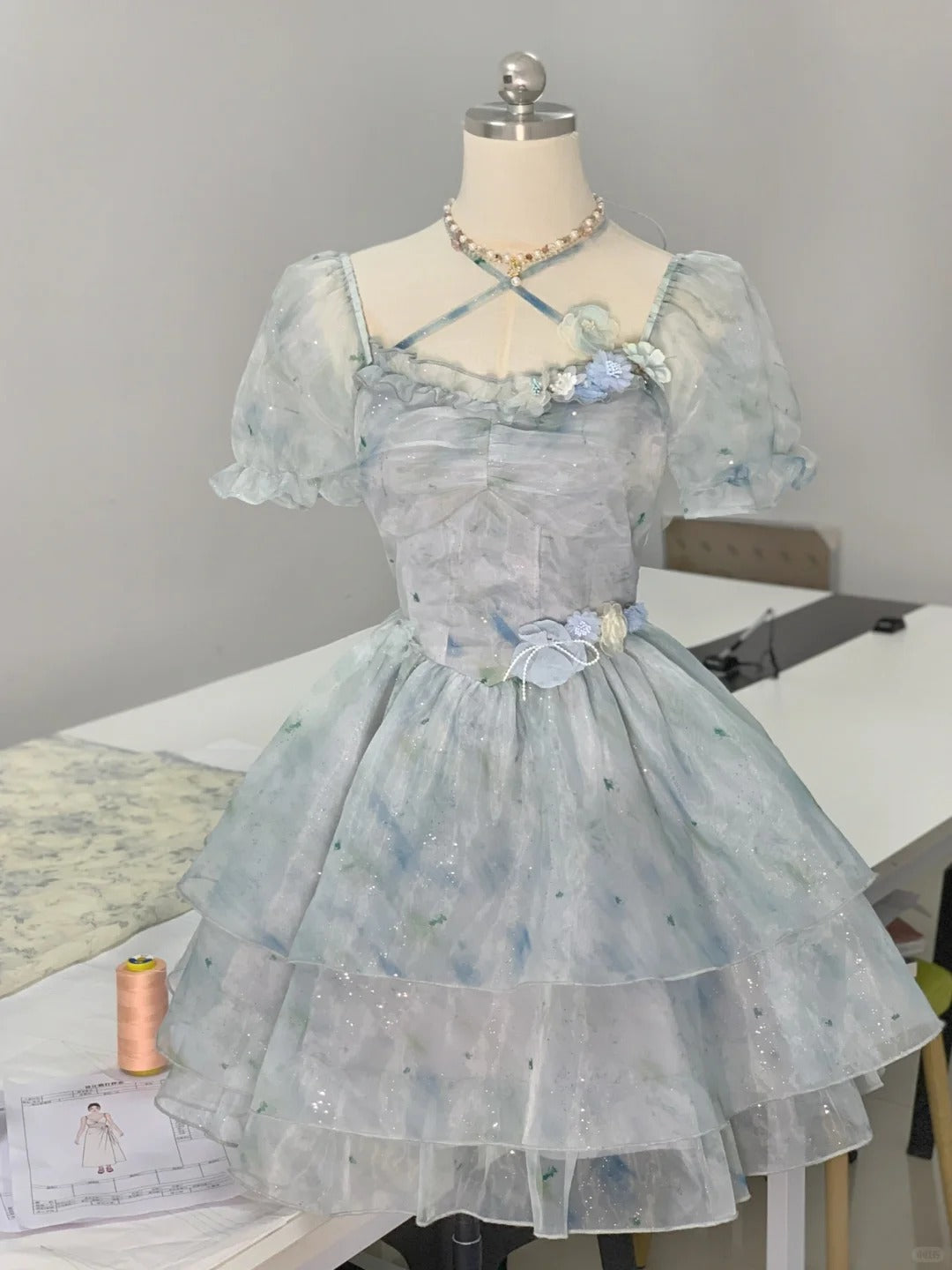 Girly Haze Blue Skirt Printed Shimmer Sparkling Mini Homecoming Dress P3160