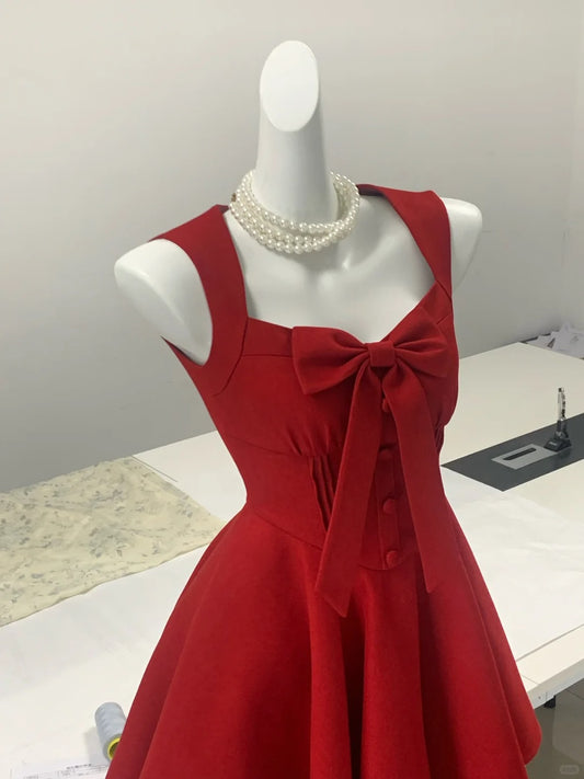 Vintage red square neck bow waist A-line homecoming dress P3163