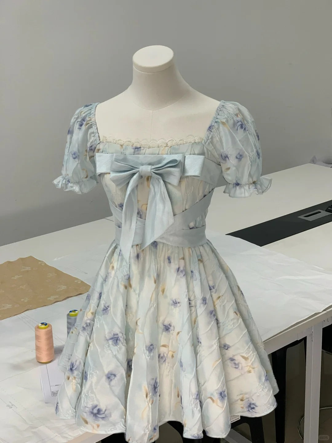 Light blue square neck rose print bow short sleeve homecoming dress P3165