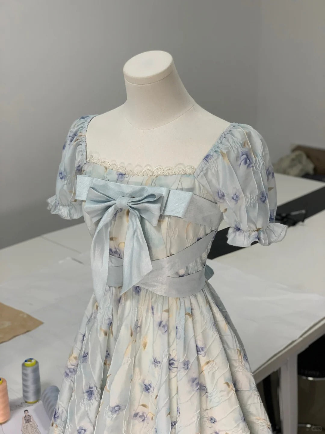 Light blue square neck rose print bow short sleeve homecoming dress P3165