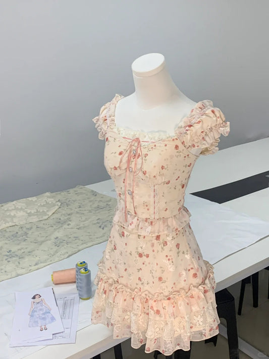 Sweet pink rose pattern A-line homecoming dress P3166