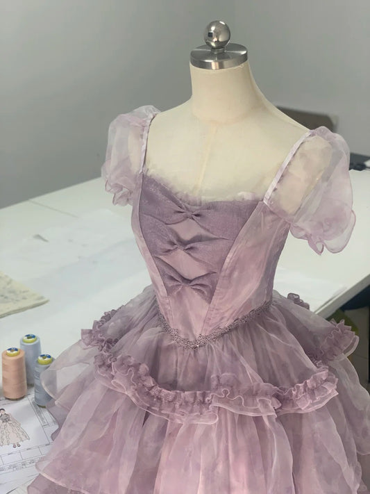 Charming Purple Short Sleeve Tulle A-Line Homecoming Dress P3167