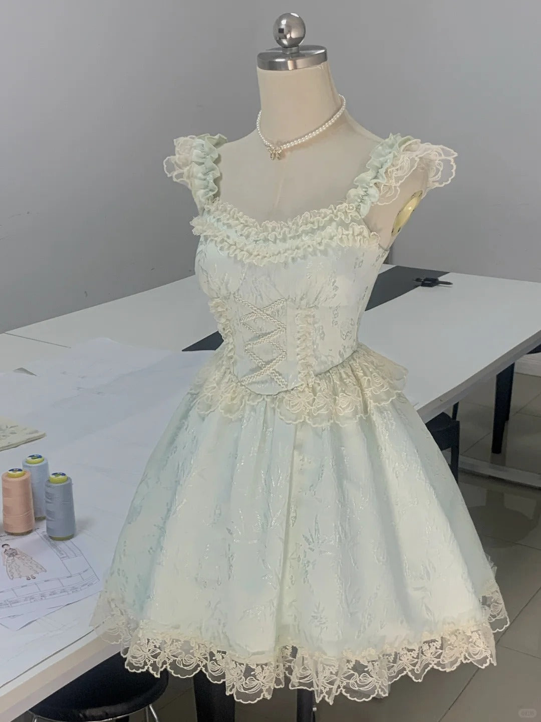 Mint green fresh skirt with dark lace trim mini homecoming P3175