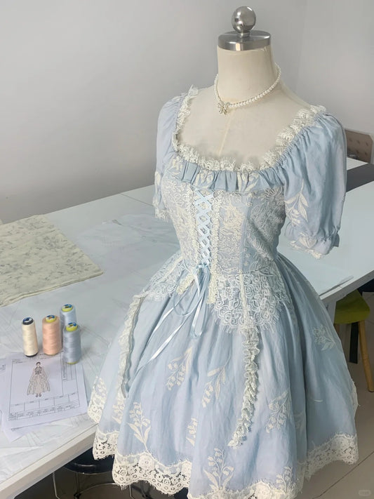 Princess light blue square neck short sleeves lace homecoming dress P3176