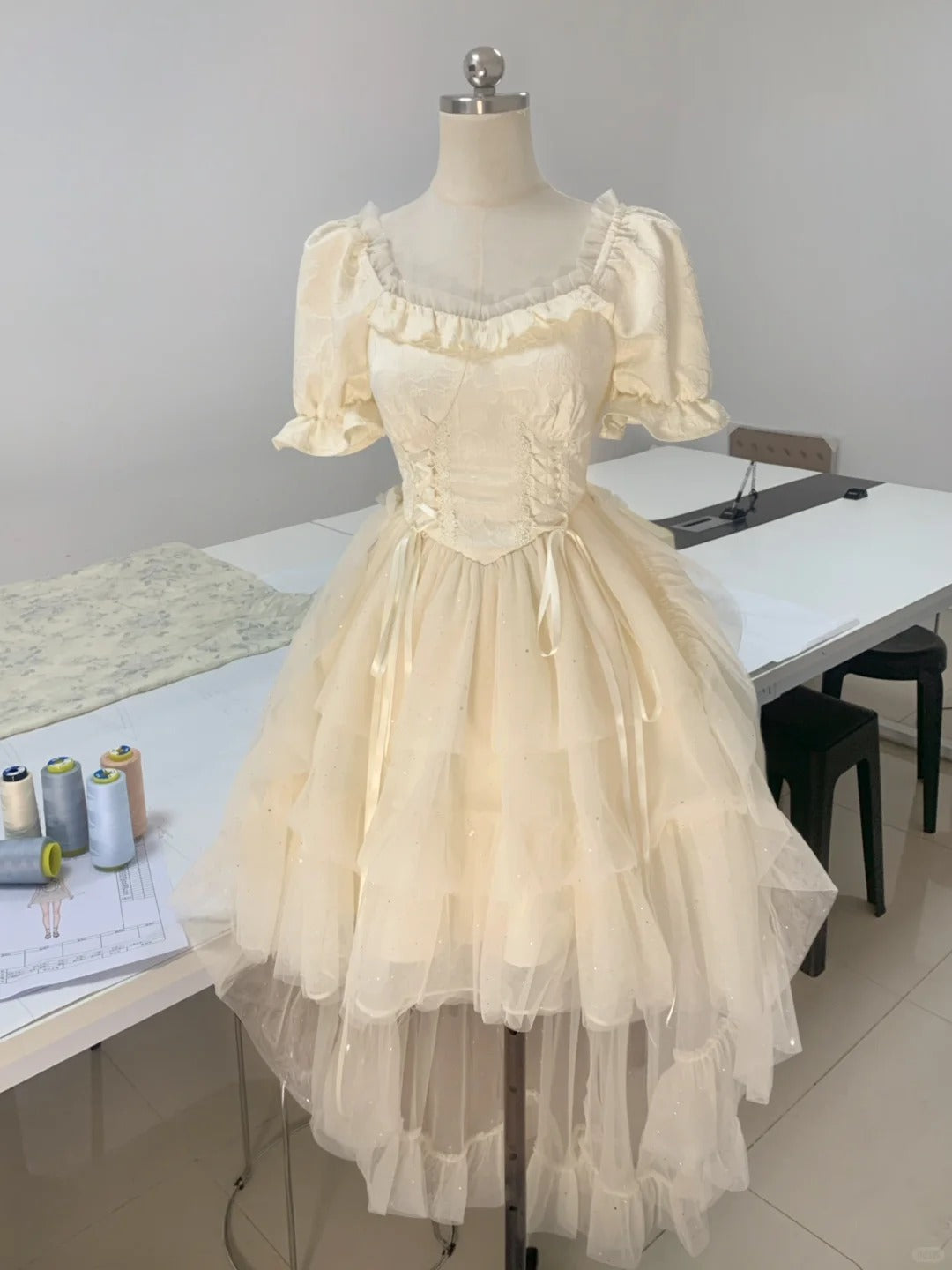 Princess light yellow puff sleeves heavy bow tail homecoming dress P3177