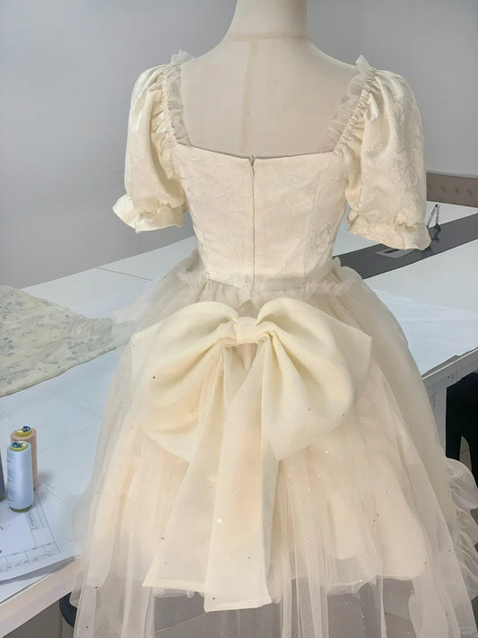 Princess light yellow puff sleeves heavy bow tail homecoming dress P3177