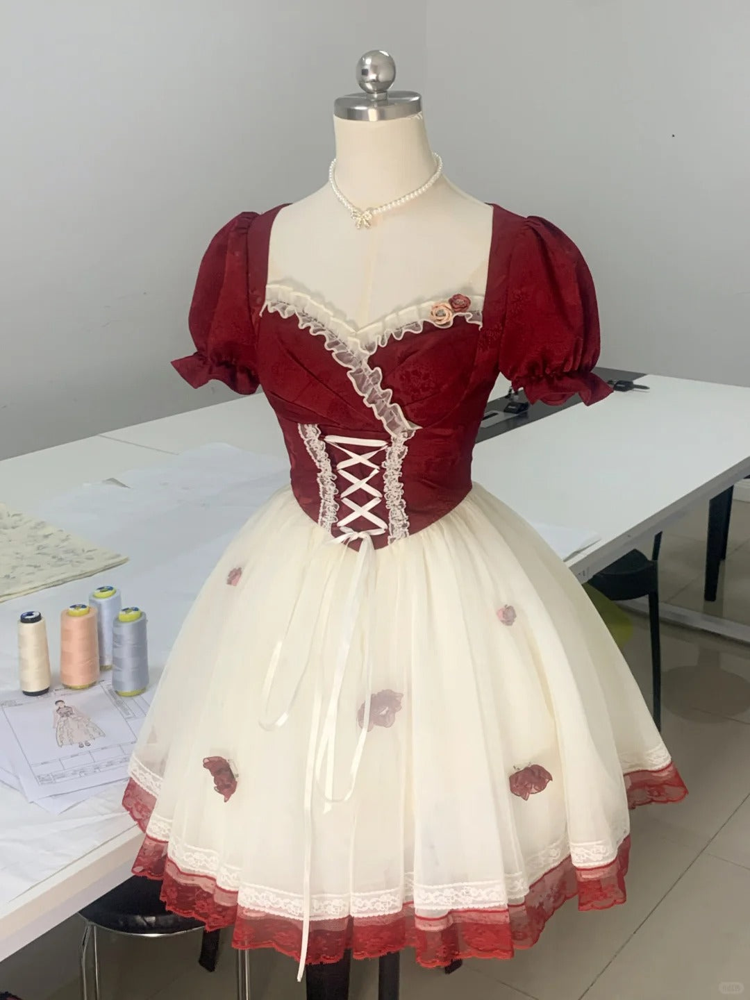 Rose Manor Burgundy and White Contrast Lace Trim Mesh Homecoming Dress P3178