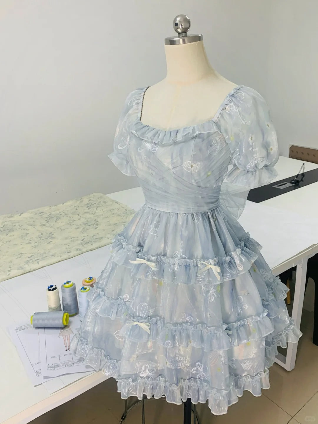 Girls blue square neck small print three-dimensional bow sweet homecoming dress P3179