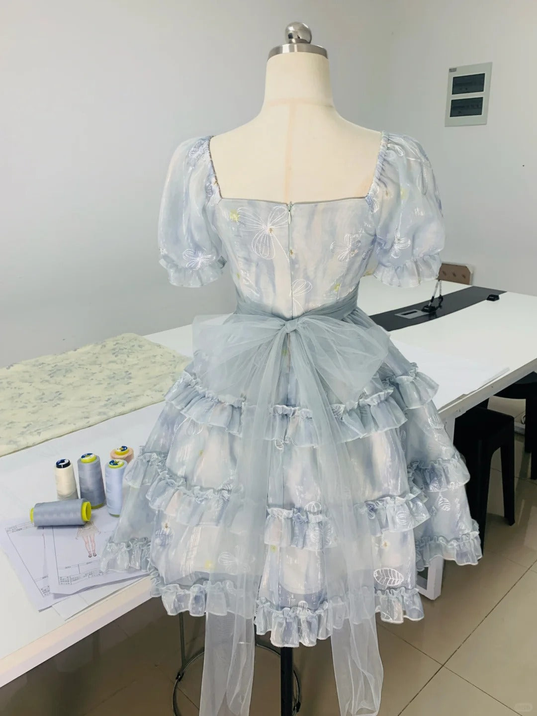 Girls blue square neck small print three-dimensional bow sweet homecoming dress P3179