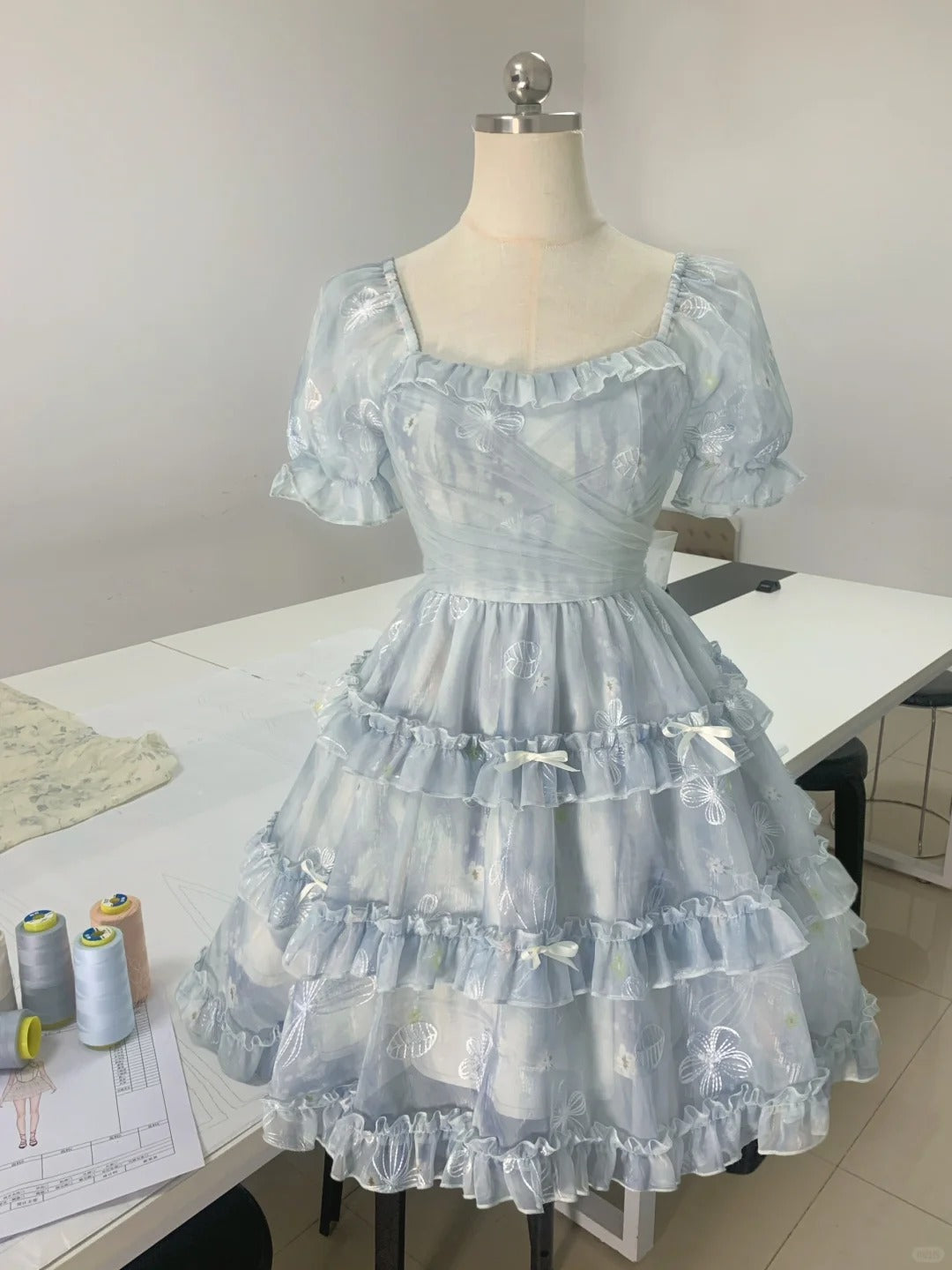 Girls blue square neck small print three-dimensional bow sweet homecoming dress P3179
