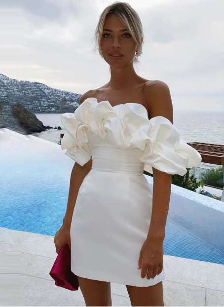 French style off-shoulder ruffle sleeves hip homecoming dress P3190