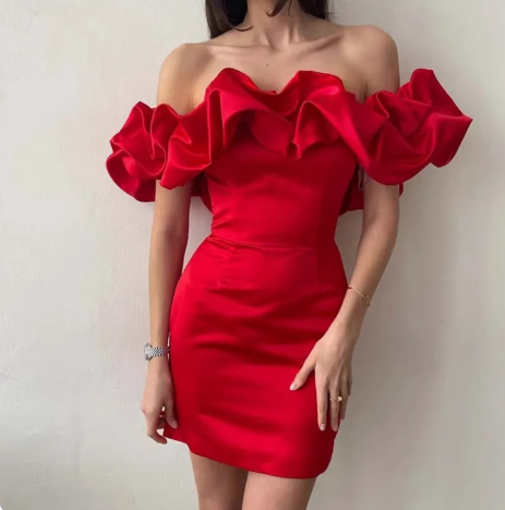 French style off-shoulder ruffle sleeves hip homecoming dress P3190