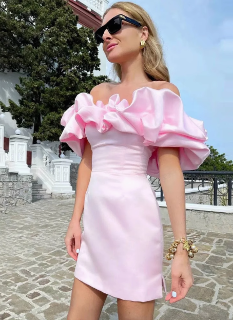 French style off-shoulder ruffle sleeves hip homecoming dress P3190