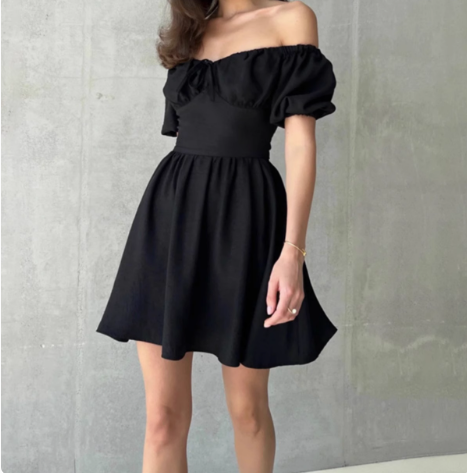 Simple tie waist puff sleeves one shoulder mini homecoming dress P3195