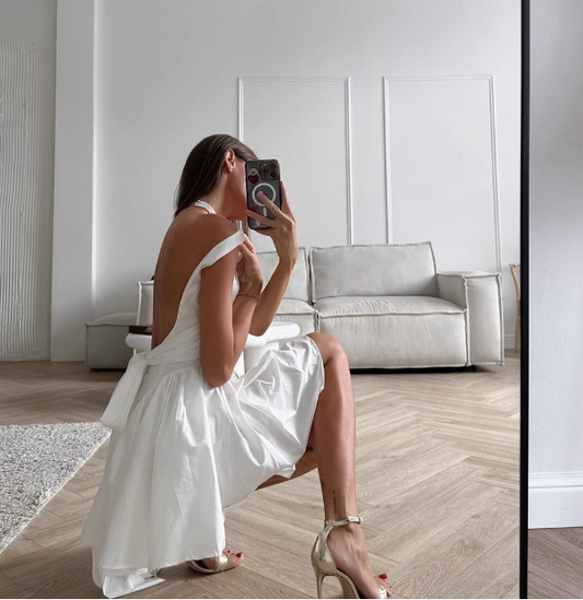 Simple Backless Strap Bow Mini Homecoming Dress P3198