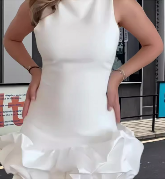 Sweet style solid color wood ear edge stitching flower bud sleeveless round neck mini homecoming dress P3210