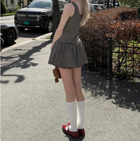 Cute Plaid Sleeveless A-Line Preppy Homecoming Dress P3218
