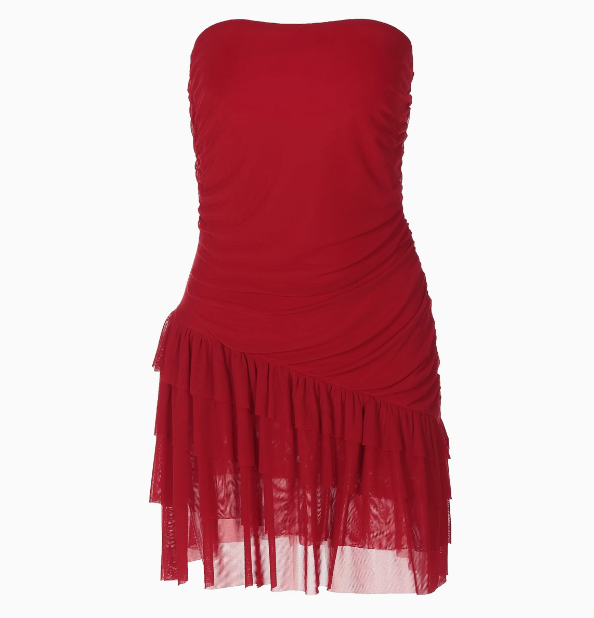 Sexy one-shoulder tube top elastic slim mesh splicing oblique hem homecoming dress P3240