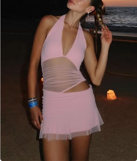 sexy halter top dress Sexy hot girl hollow mesh splicing deep V-neck strap halter neck backl – PreppyDress