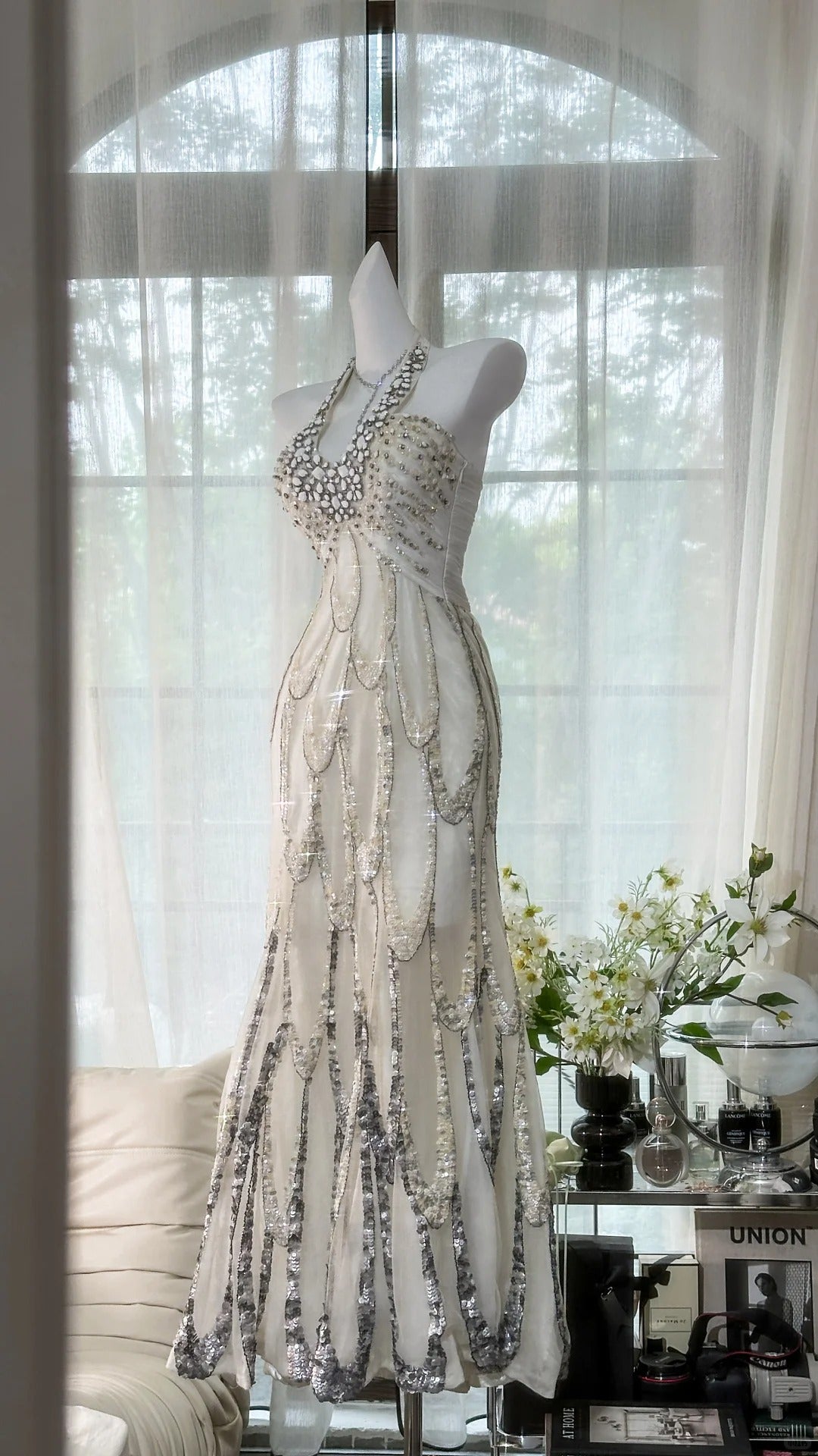 Vintage White Halter Off-The-Shoulder Beaded Prom Dress P3253 Vintage White Halter Off-The-Shoulder Beaded Prom Dress P3253