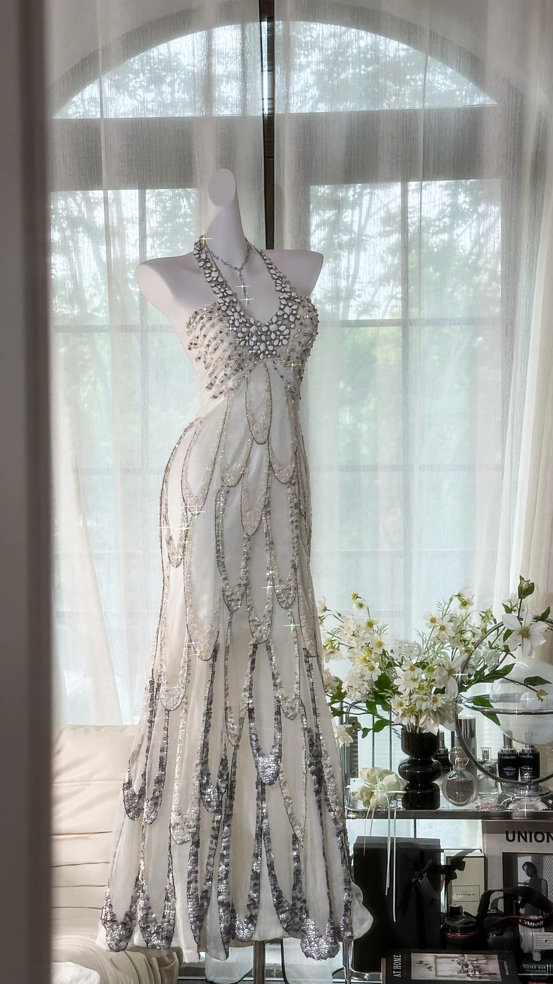 Vintage White Halter Off-The-Shoulder Beaded Prom Dress P3253