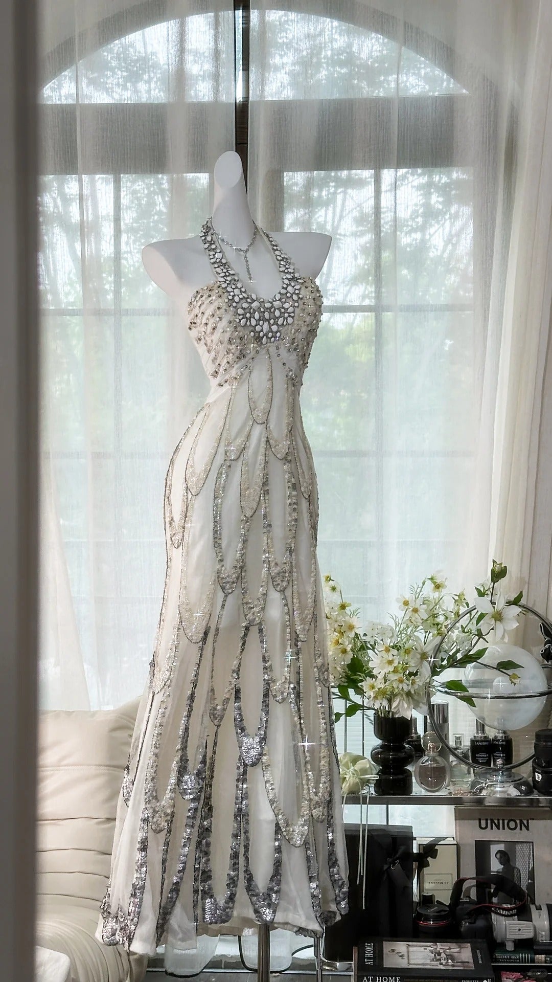 Vintage White Halter Off-The-Shoulder Beaded Prom Dress P3253