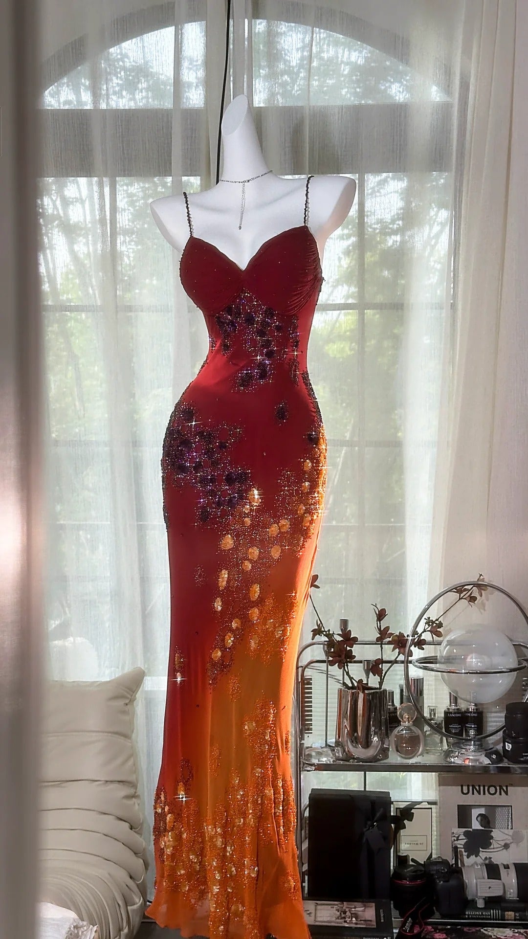 Vintage Orange Chiffon Strap Mermaid Beaded Evening Gown Prom Dress P3256