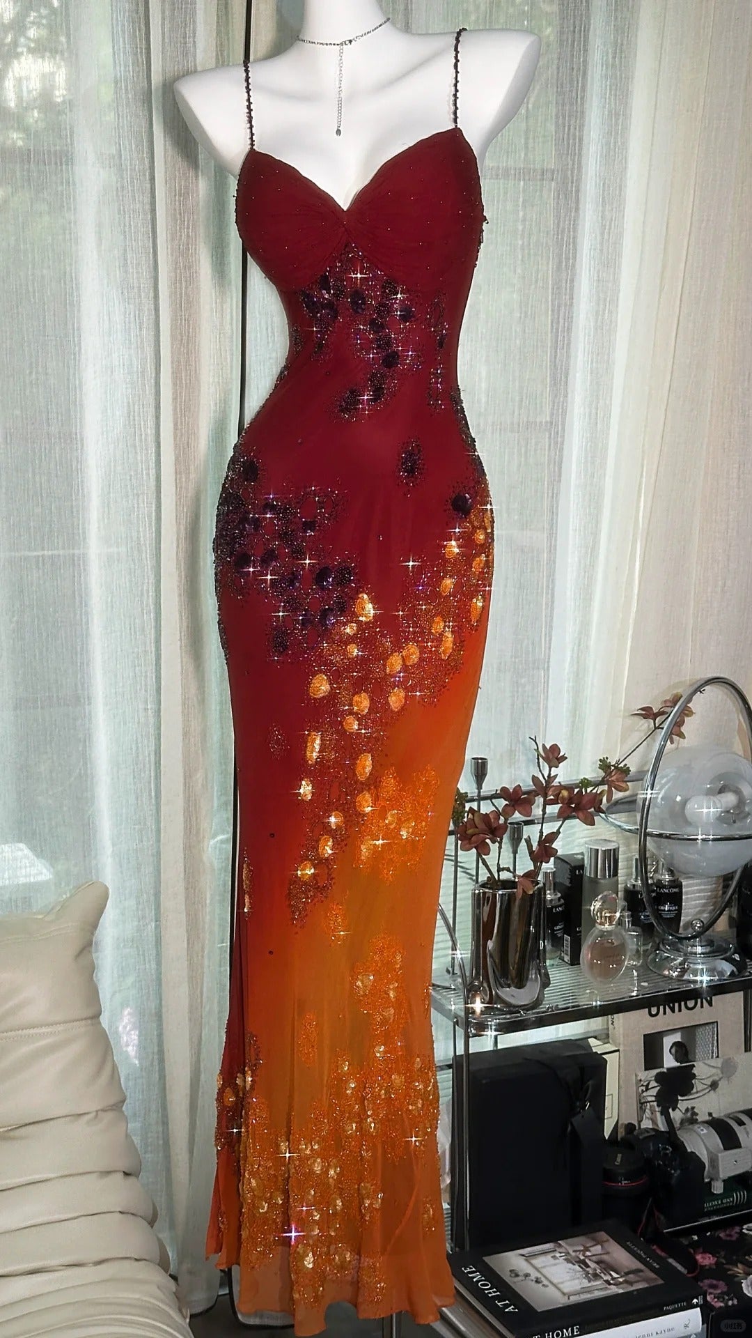 Vintage Orange Chiffon Strap Mermaid Beaded Evening Gown Prom Dress P3256
