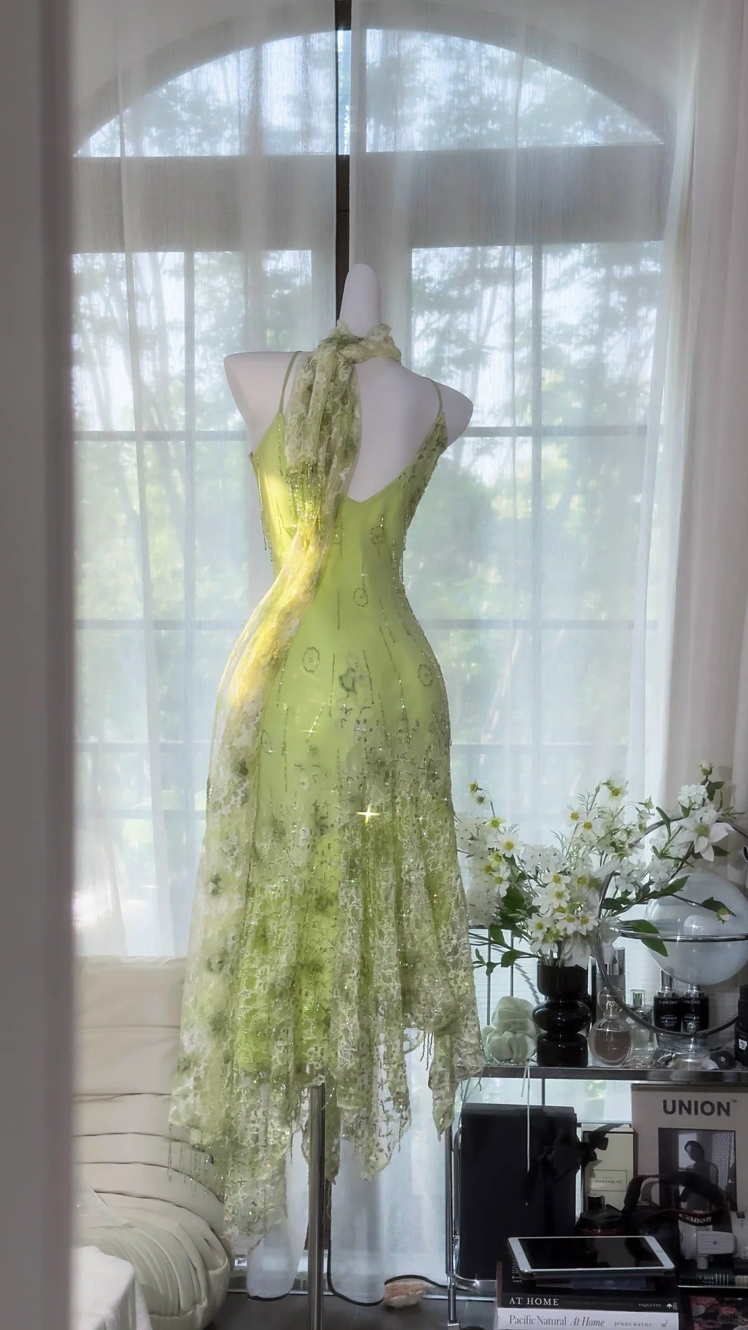 Shiny Green Beaded Straps Chiffon Irregular Skirt Prom Dress P3259