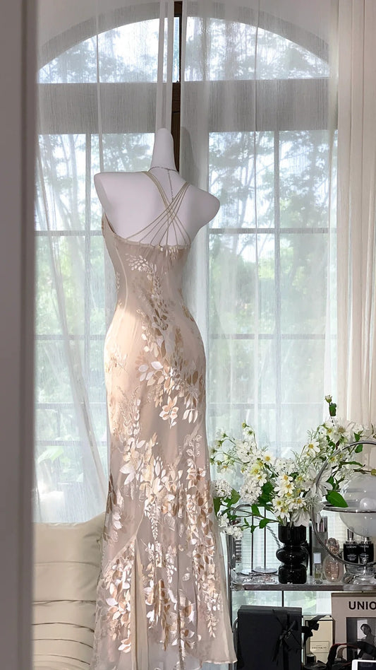 Elegant Light Pink Chiffon Printed Mermaid Evening Gown Prom Dress P3261