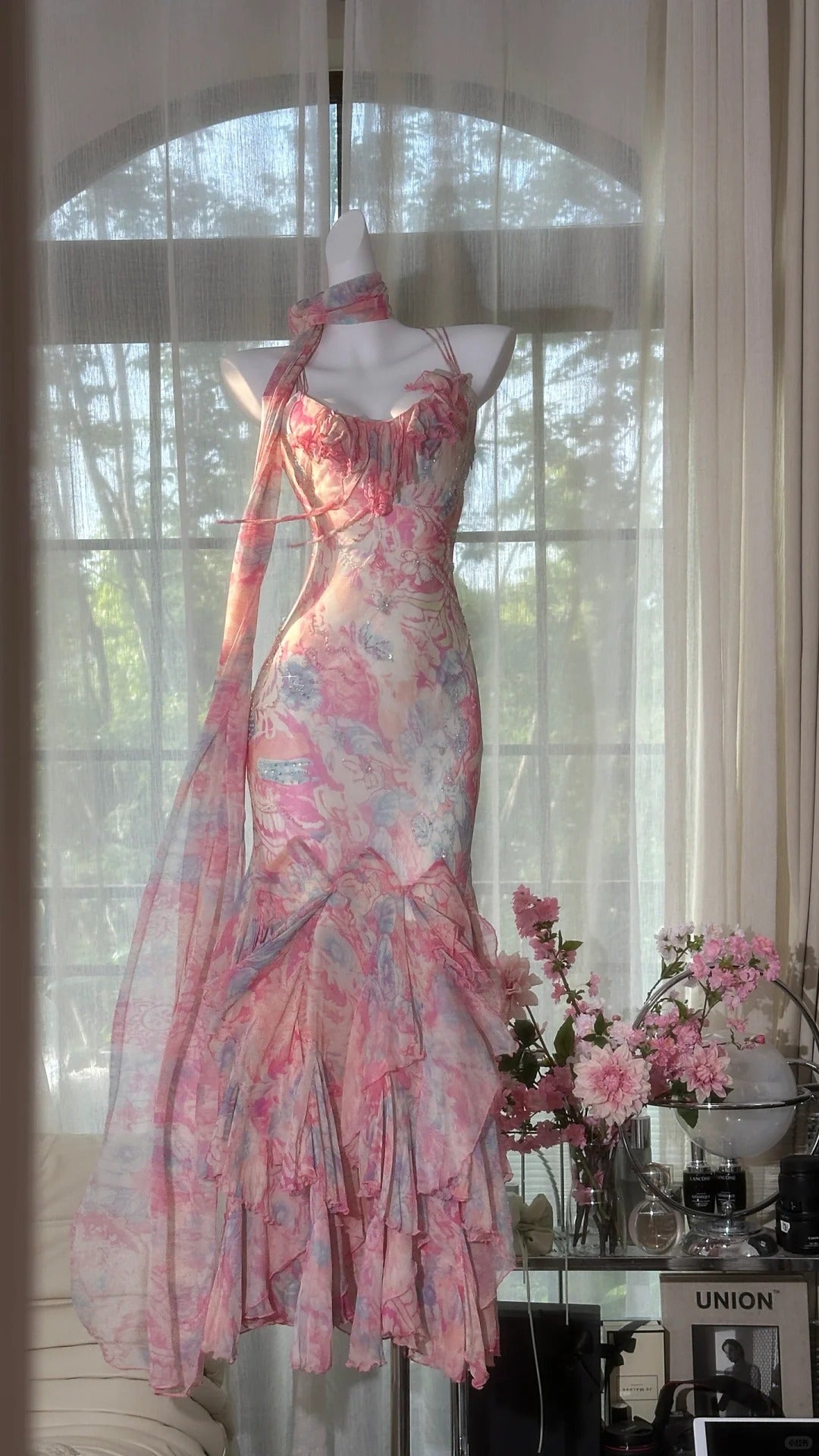 Flowy pink printed chiffon multi-layered skirt mermaid evening gown Prom Dress P3262 - AS PHOTO / US2 Flowy pink printed chiffon multi-layered skirt mermaid evening gown Prom Dress P3262 - AS PHOTO / US2