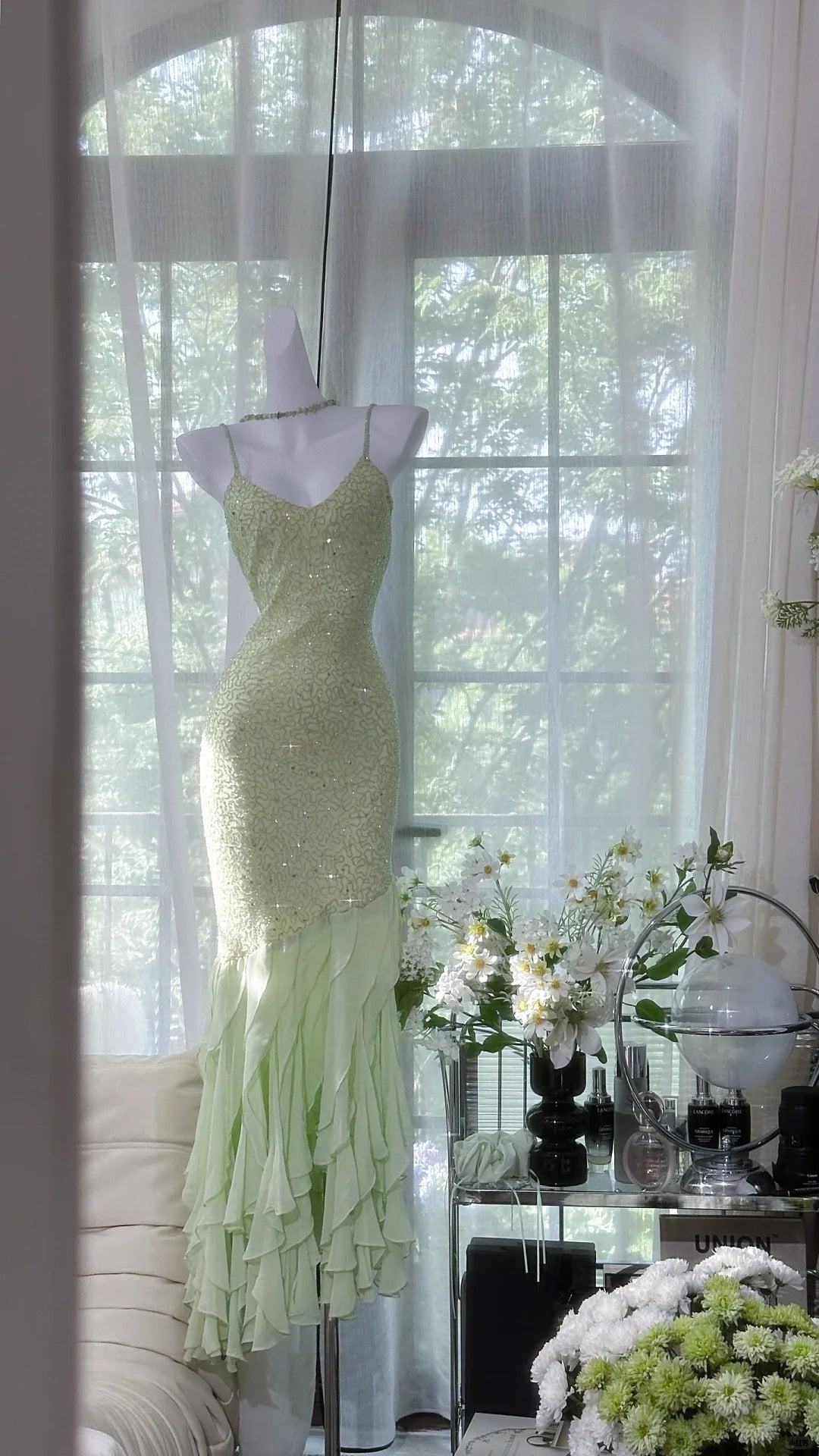 Fresh Green Beaded Chiffon Ruffled Prom Dress P3263 Fresh Green Beaded Chiffon Ruffled Prom Dress P3263