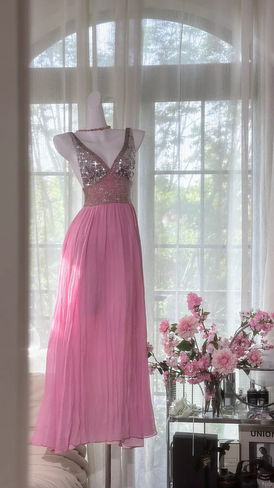 Vintage Beaded V-Neck Sequined Chiffon Backless Prom Dress P3265