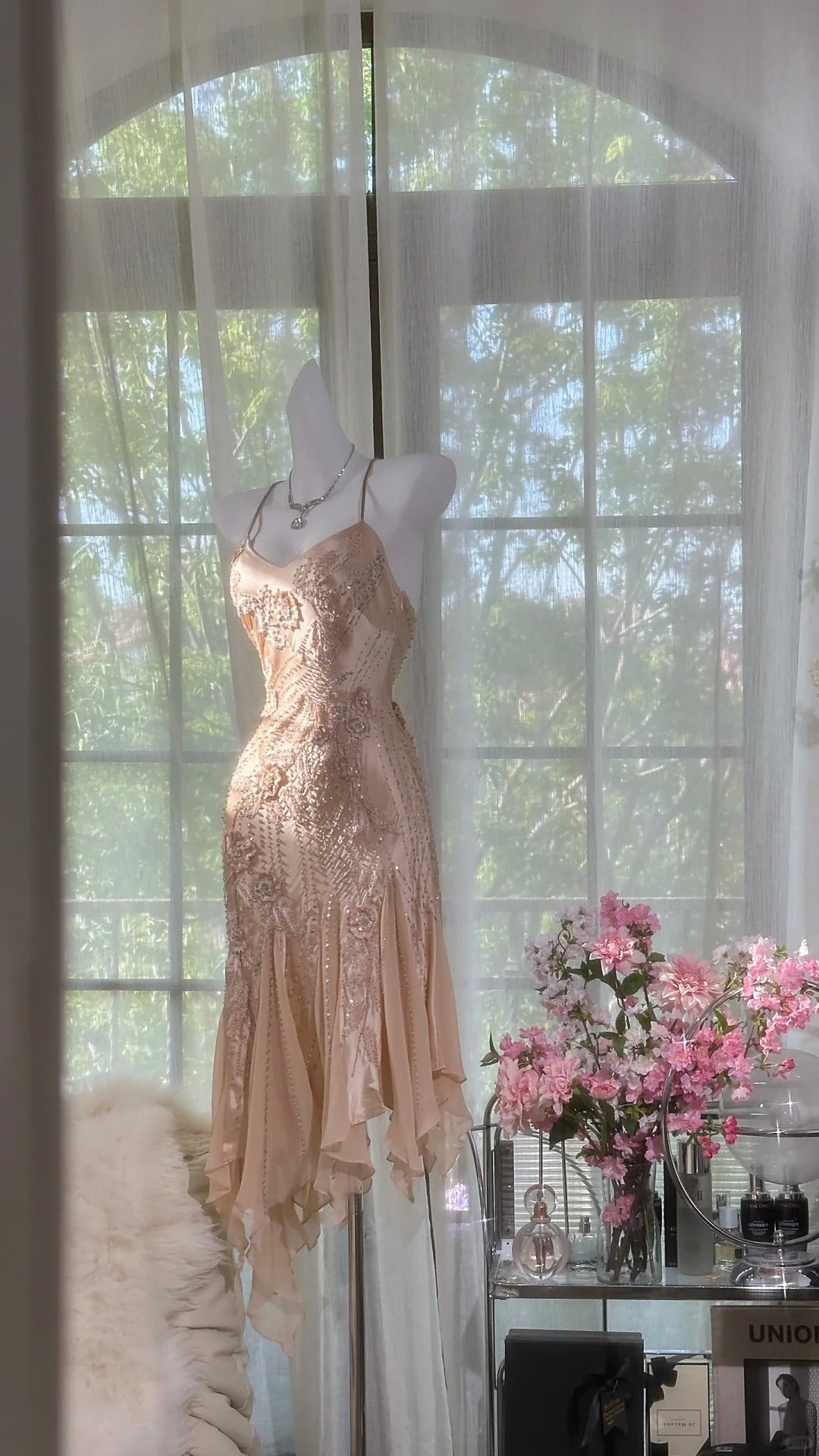Retro Pink Mermaid Beaded Irregular Hem Prom Dress P3267