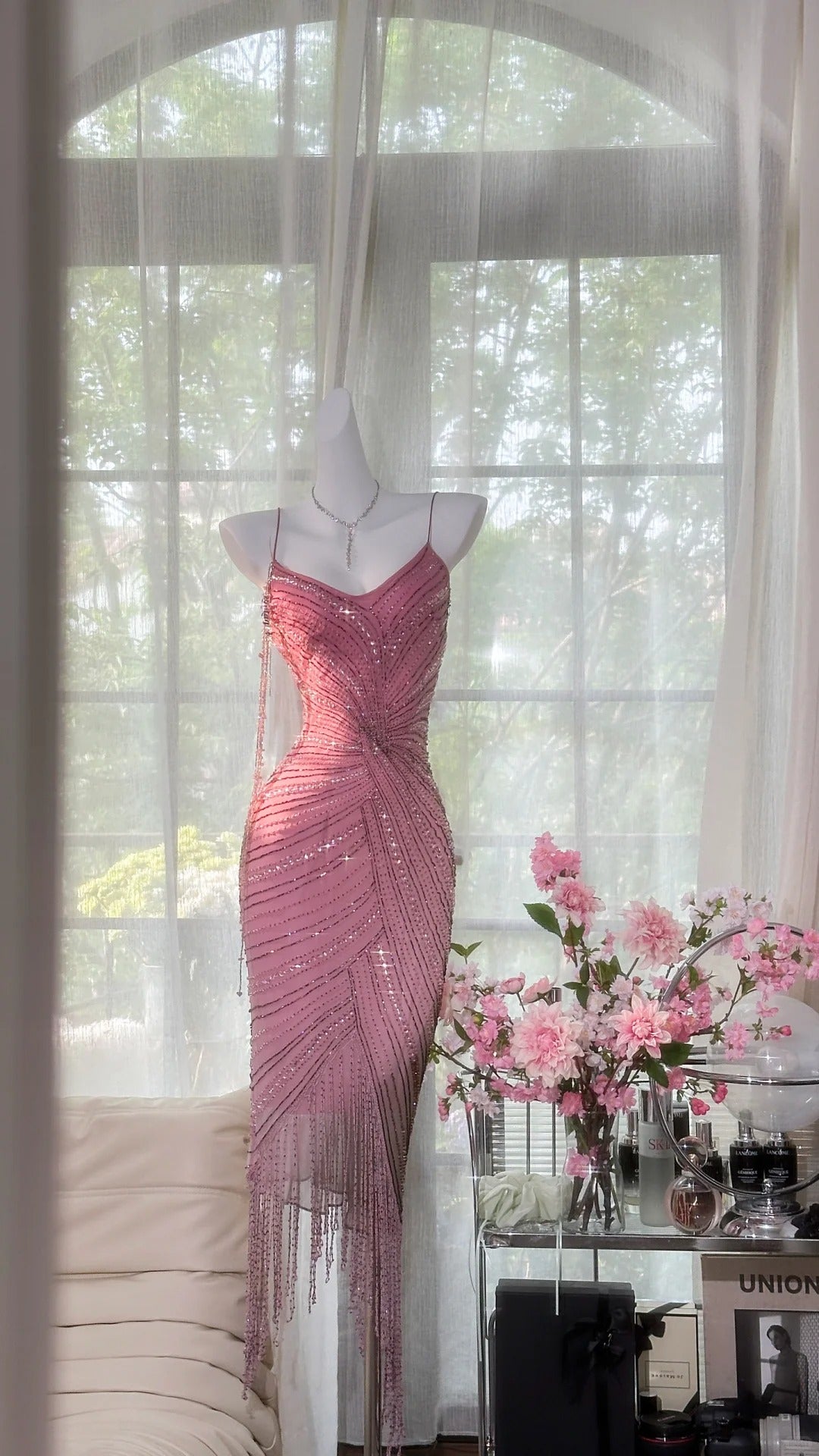 Luxurious Heavy Pink Tassel Beaded Mermaid Prom Dress P3270