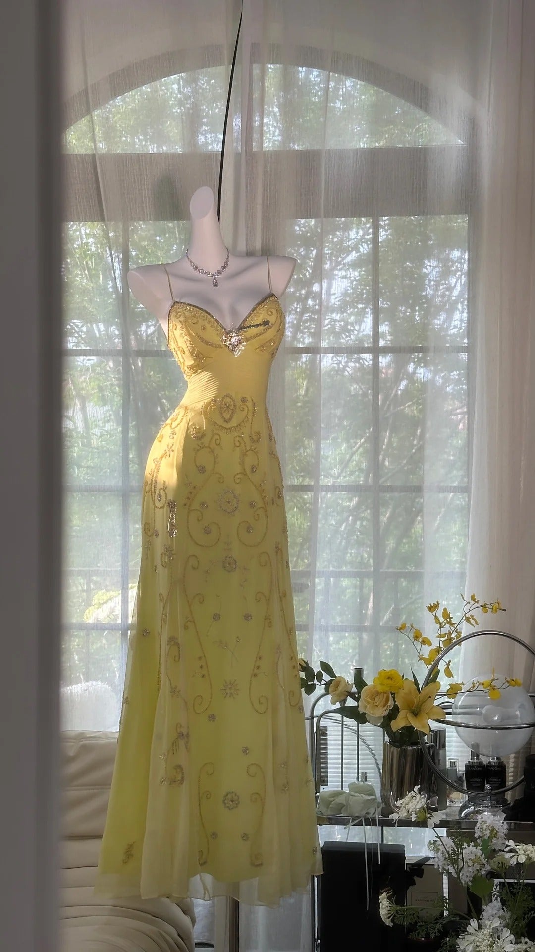 Flowy Yellow Spaghetti Strap Chiffon Beaded Mermaid Evening Gown Prom PreppyDress Flowy Yellow Spaghetti Strap Chiffon Beaded Mermaid Evening Gown Prom PreppyDress