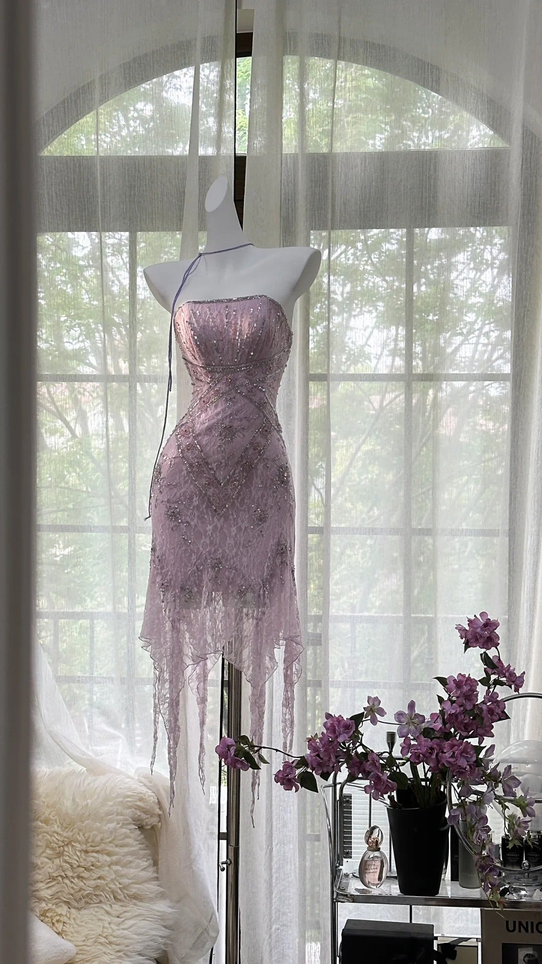 Sexy Purple Lace Tube Top Beaded Earrings Curled Skirt Prom Dress P3274