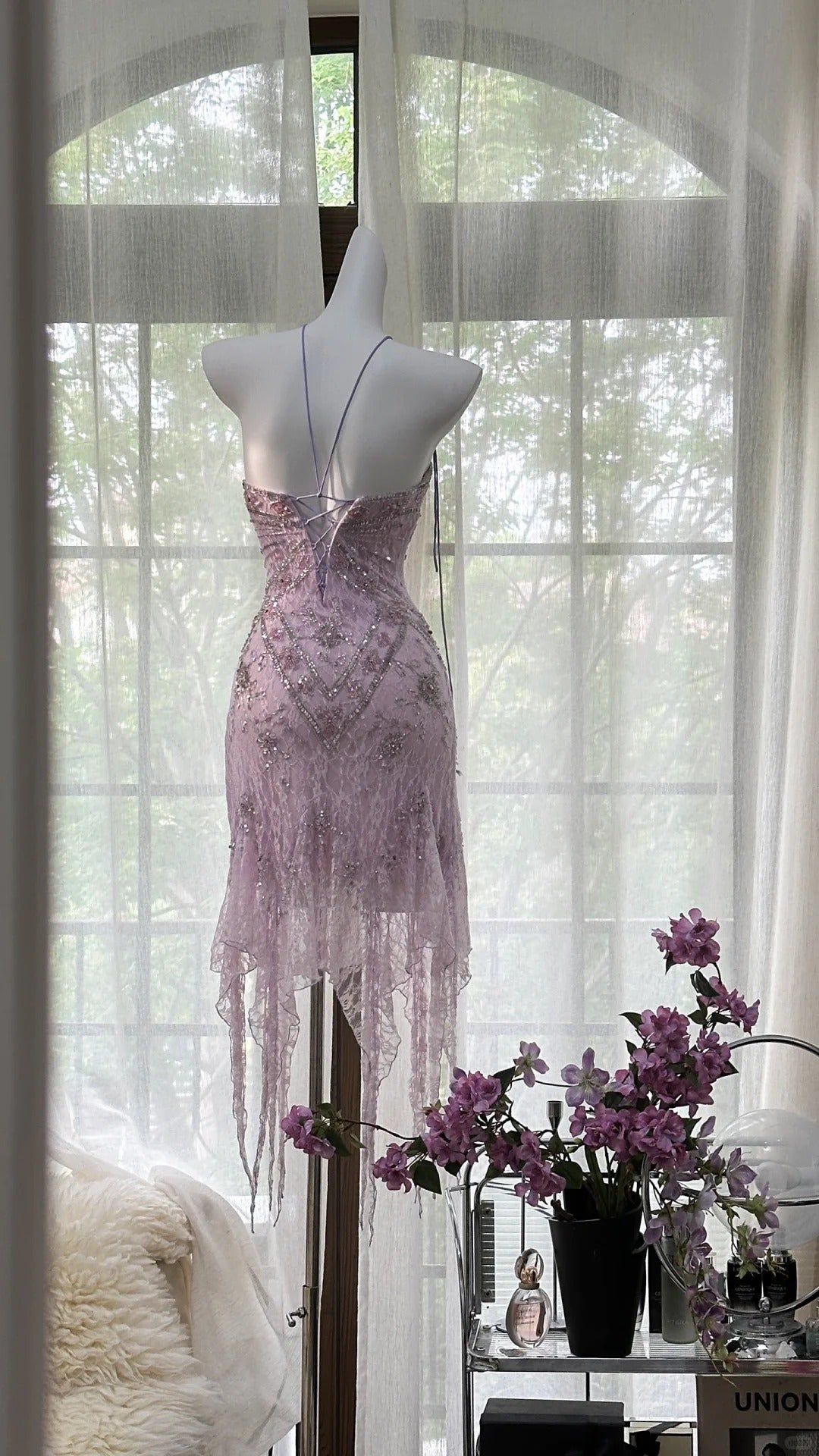 Sexy Purple Lace Tube Top Beaded Earrings Curled Skirt Prom Dress P3274