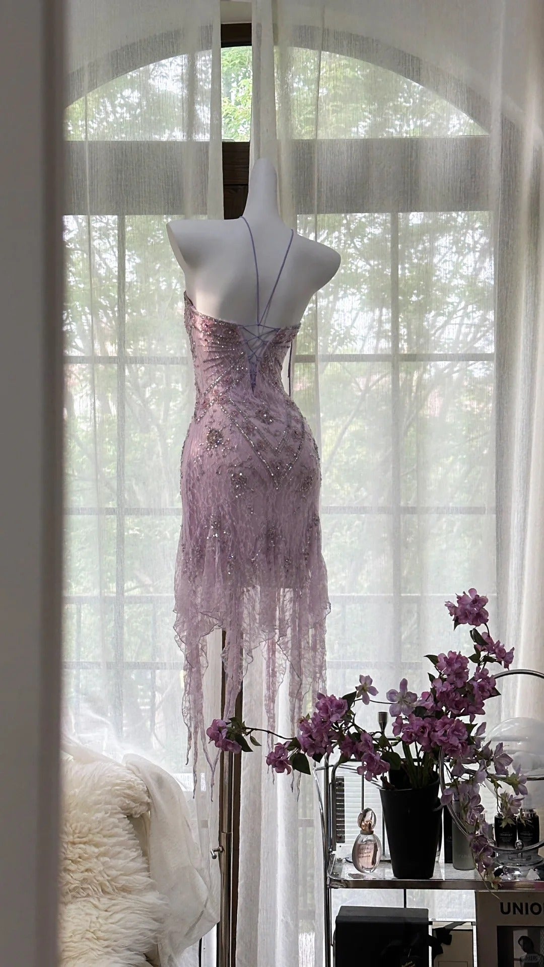 Sexy Purple Lace Tube Top Beaded Earrings Curled Skirt Prom Dress P3274