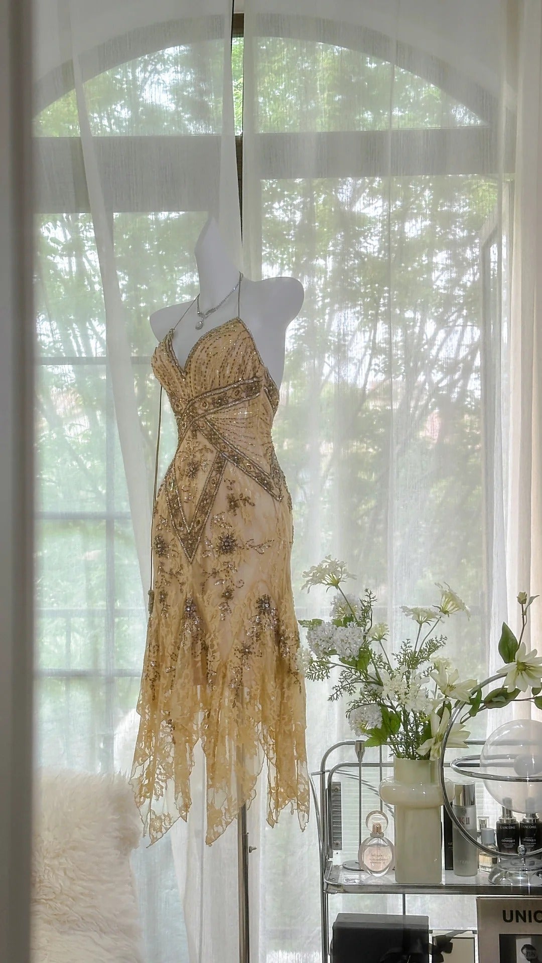 Retro luxury V-neck lace beaded irregular skirt prom dress P3276