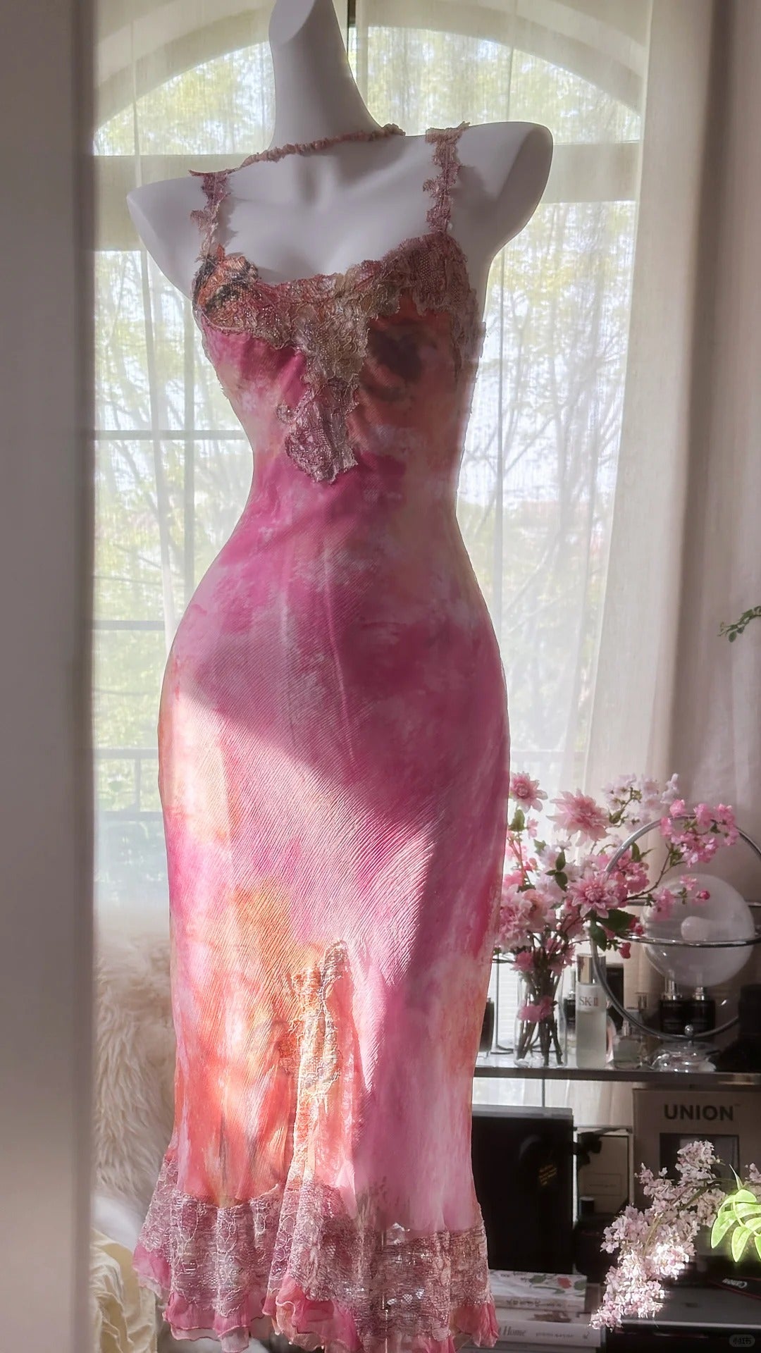 Elegant Rose Oil Painting Gradient Pink Mermaid Prom Dress P3279