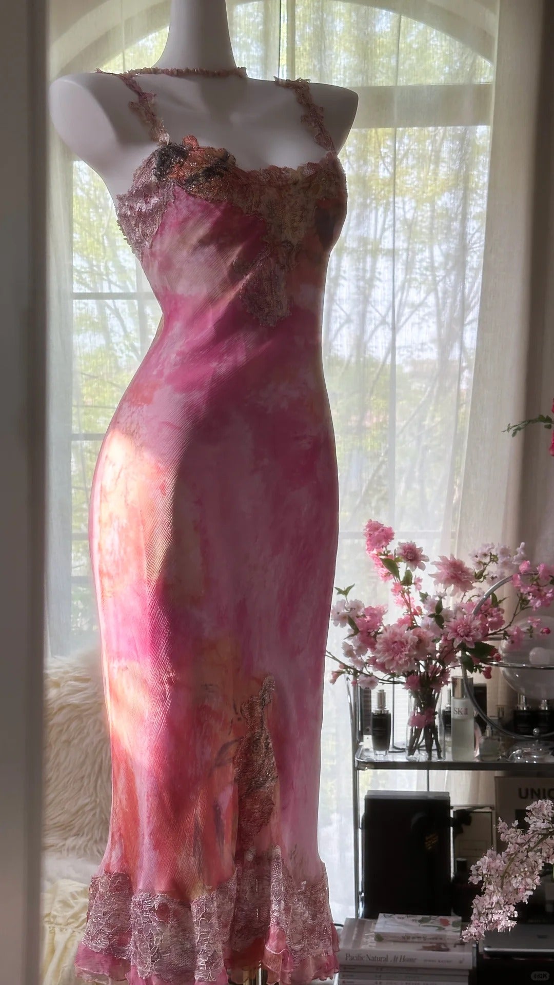 Elegant Rose Oil Painting Gradient Pink Mermaid Prom Dress P3279