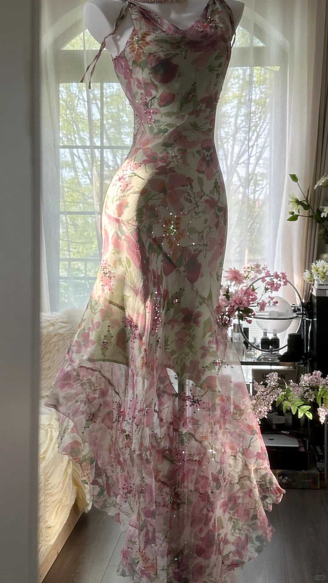 Flowing Chiffon Sequin Print Pink Irregular Skirt Prom Dress P3280