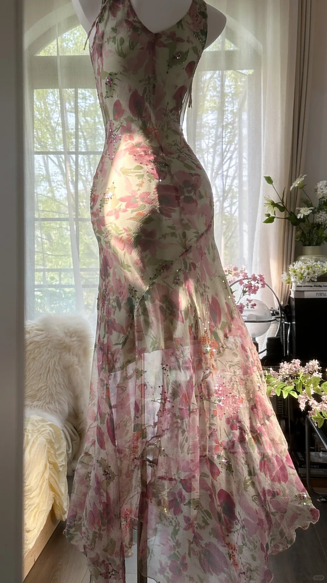 Flowing Chiffon Sequin Print Pink Irregular Skirt Prom Dress P3280