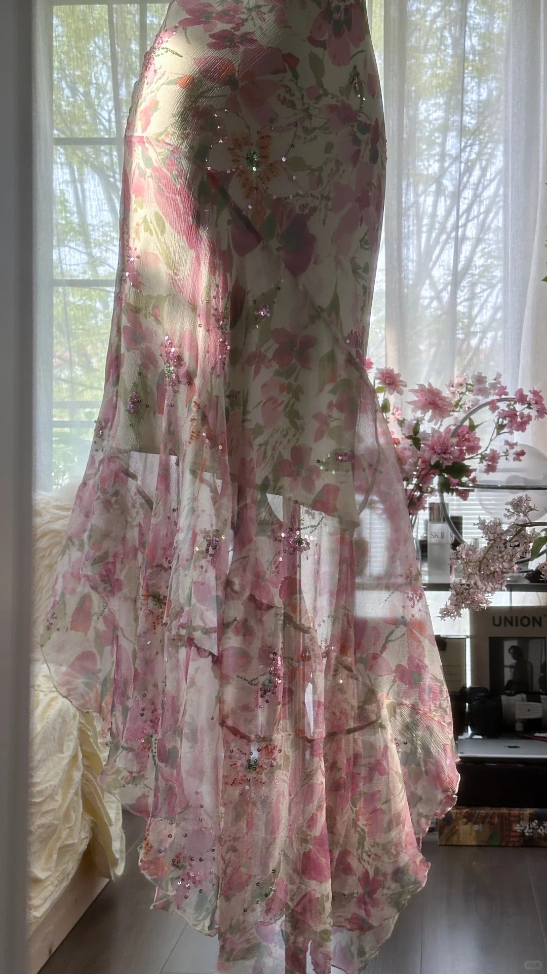 Flowing Chiffon Sequin Print Pink Irregular Skirt Prom Dress P3280