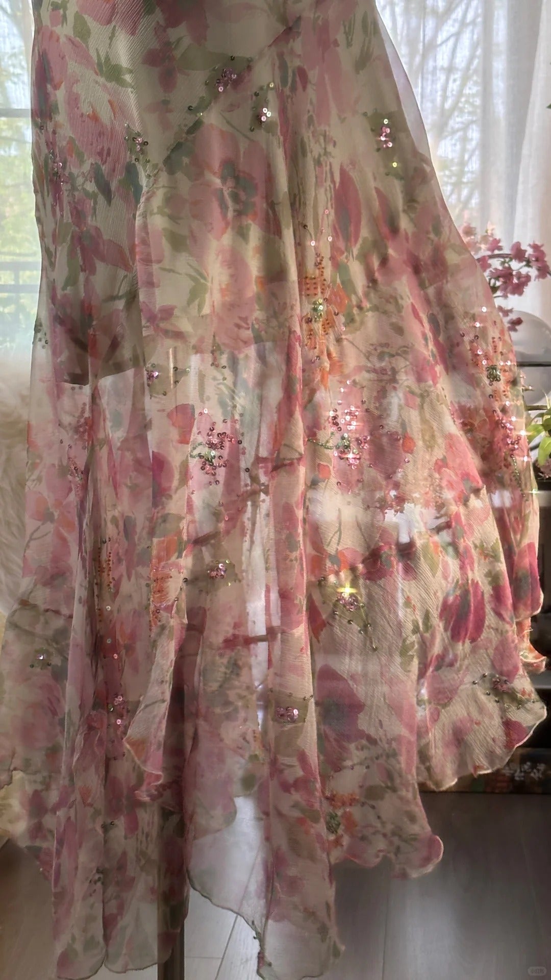 Flowing Chiffon Sequin Print Pink Irregular Skirt Prom Dress P3280