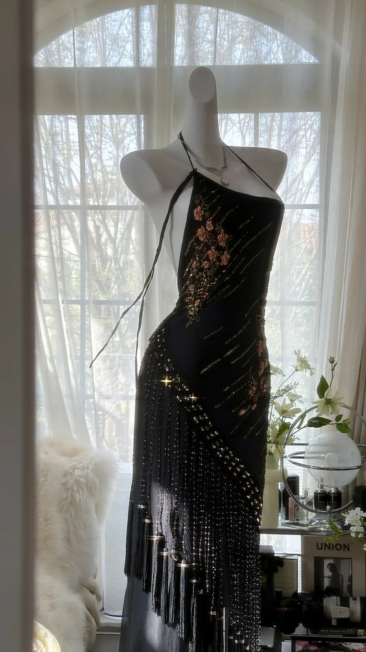 Elegance and mystery halterneck off-shoulder black fringe beaded chiffon prom dress P3284