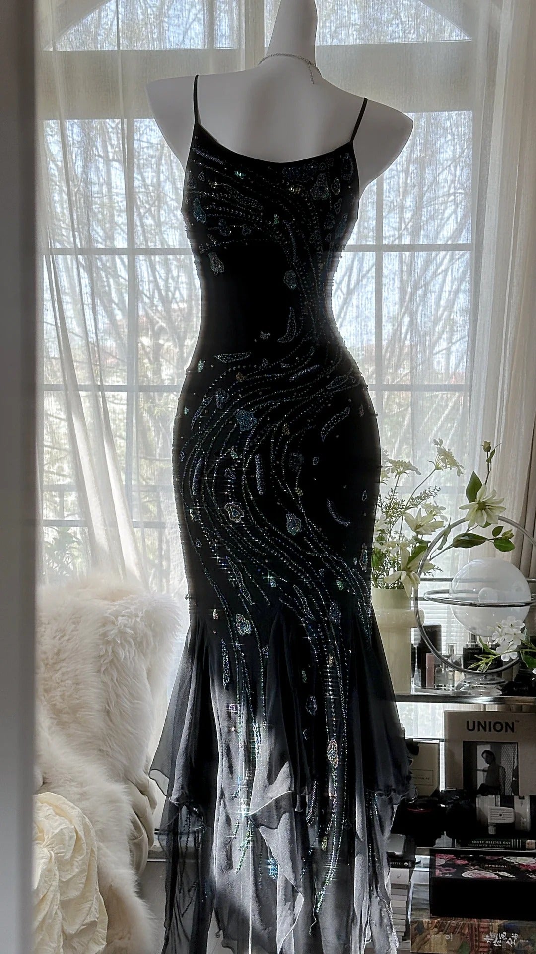 Retro beautiful shoulder strap beaded chiffon irregular skirt prom dress P3285