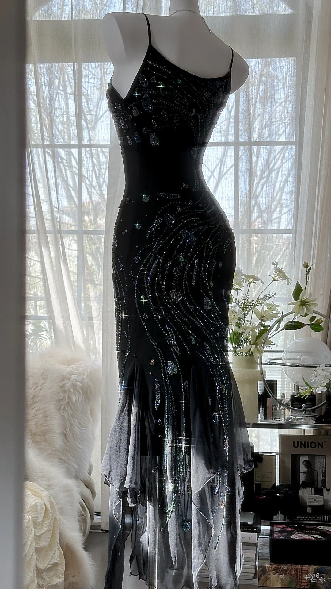 Retro beautiful shoulder strap beaded chiffon irregular skirt prom dress P3285
